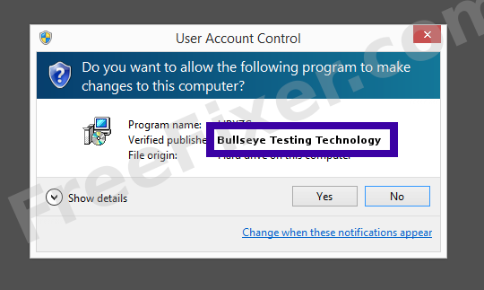 Screenshot where Bullseye Testing Technology appears as the verified publisher in the UAC dialog